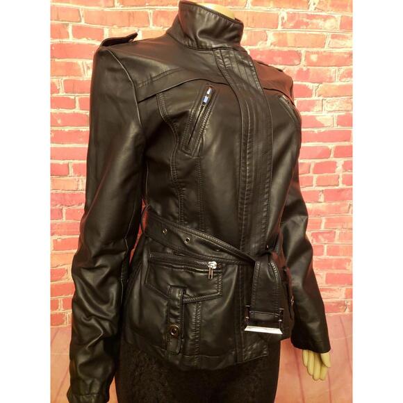 Lapis Size L Black Moto Women’s Jacket Zippered & Belted Vegan leather #C - Picture 3 of 11
